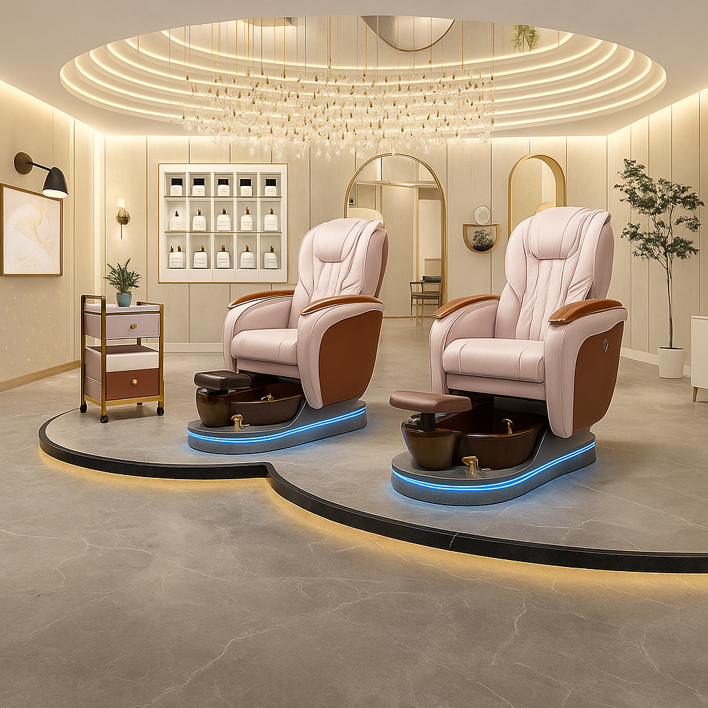 High-end pedicure chair with full back massage and deep foot spa basin, perfect for high-end spa and beauty studios.