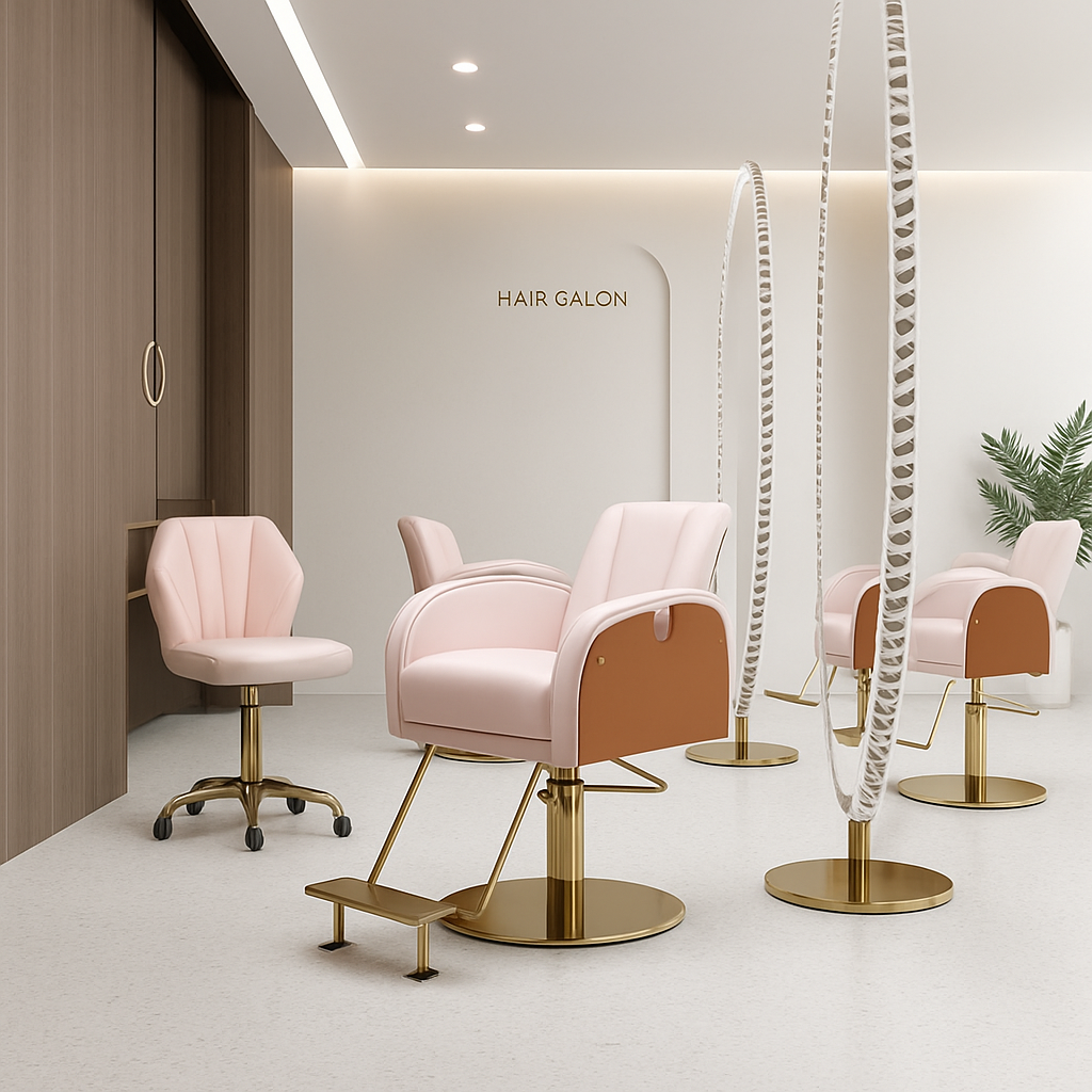 Luxury blush pink salon styling chair with gold hydraulic base, ideal for professional hair cutting and color services.