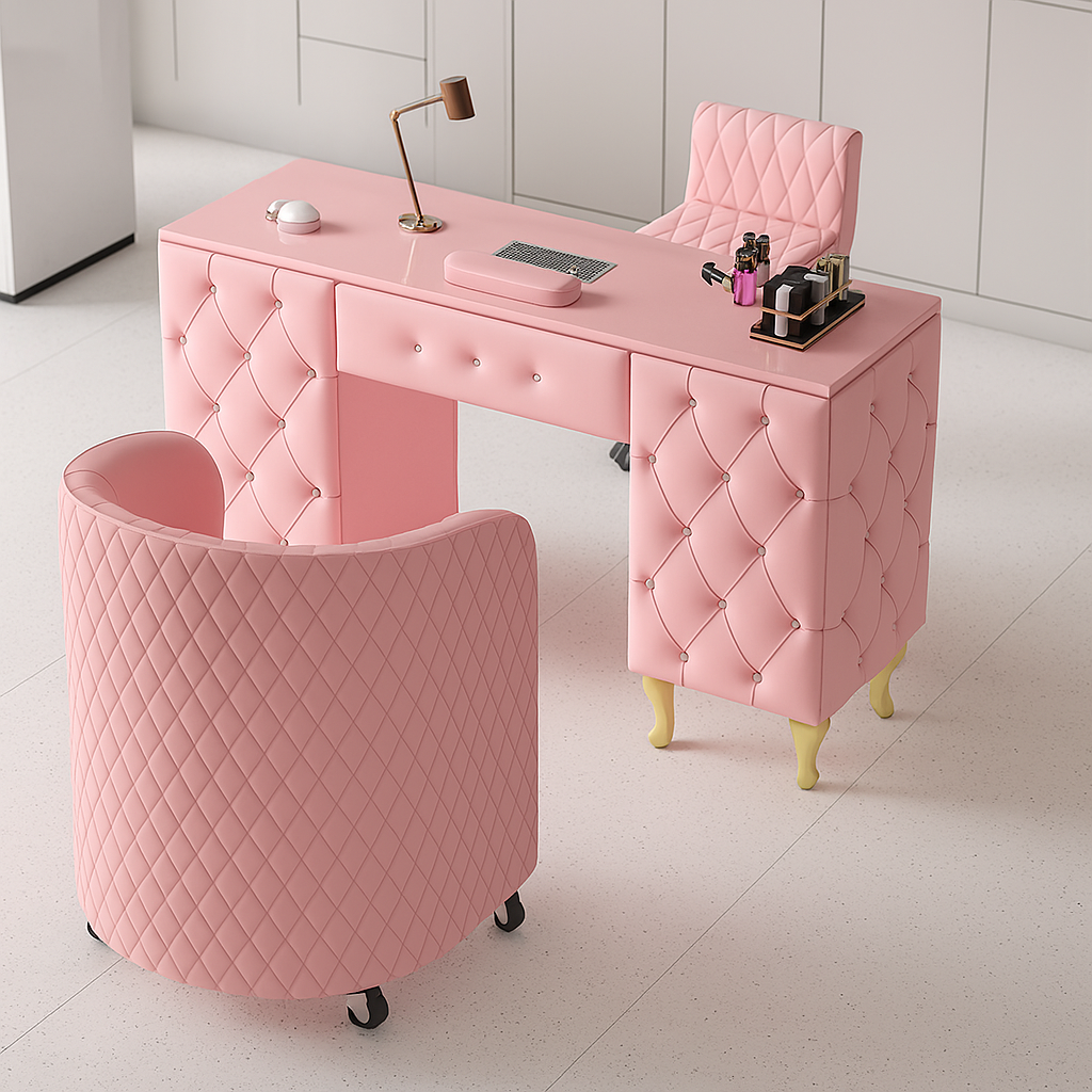 Luxury pink set manicure table with built-in dust collector for professional nail salons