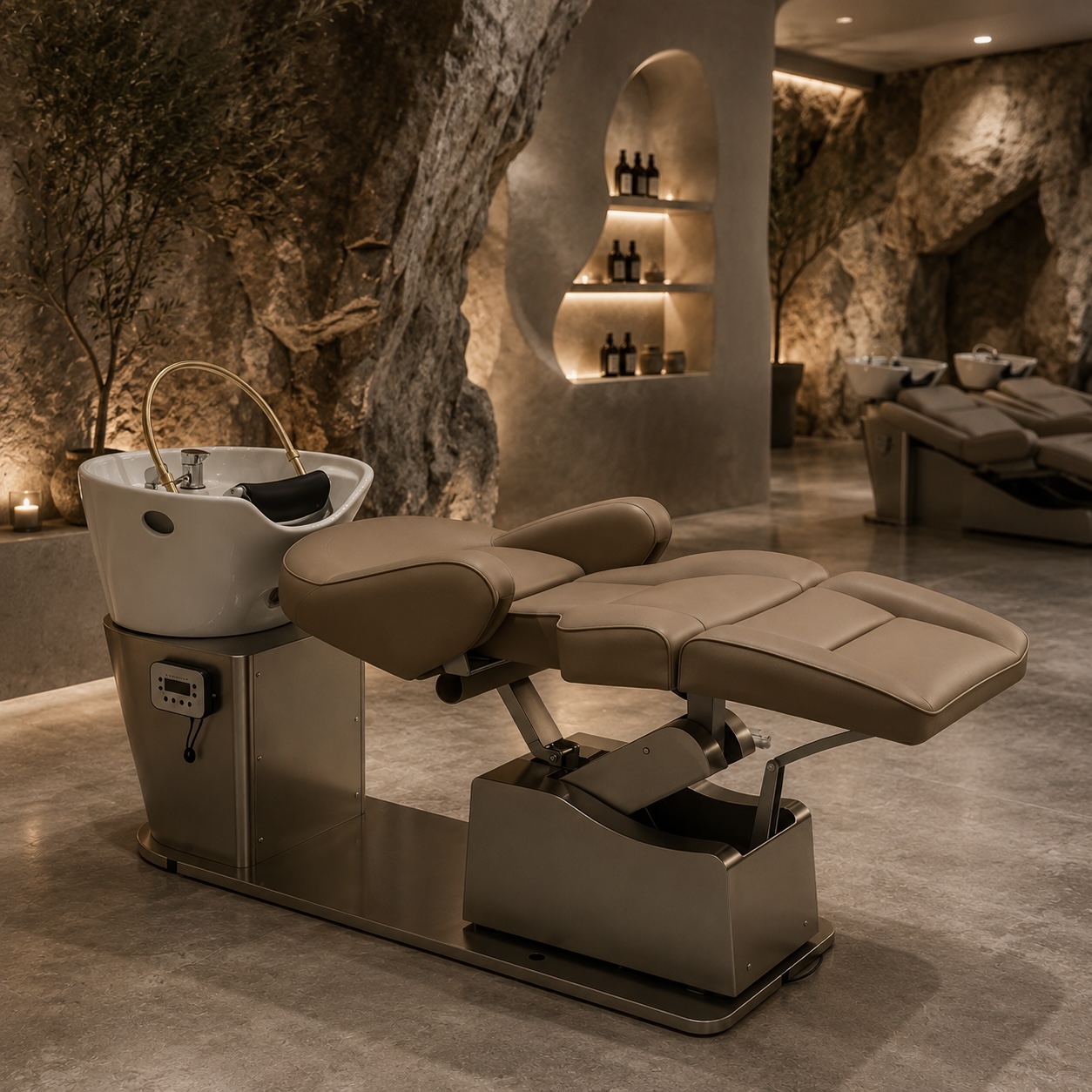 BELLUNO Japanese Head Spa shampoo unit reclined in a luxury stone spa setting