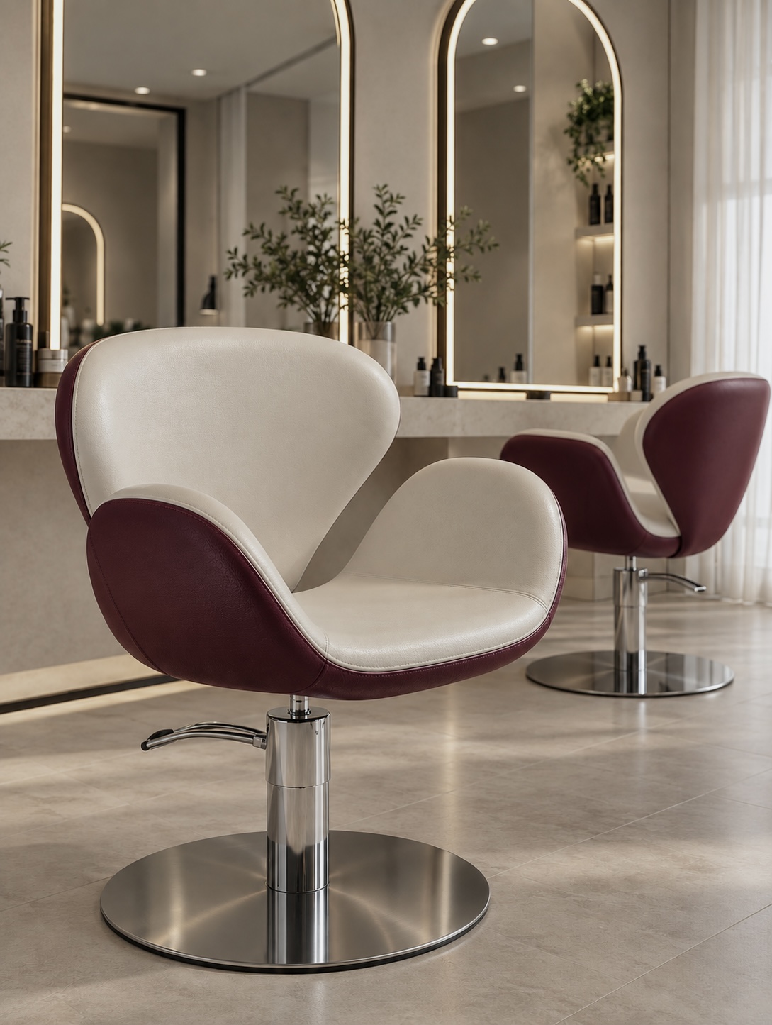 Vittoria Styling Chair in cream and burgundy two-tone upholstery with a round chrome base