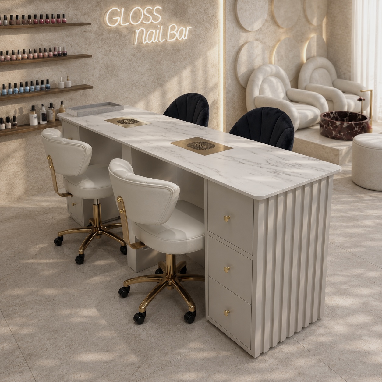 Bespoke double manicure table with marble effect worktop and fluted panel base in a luxury nail salon
