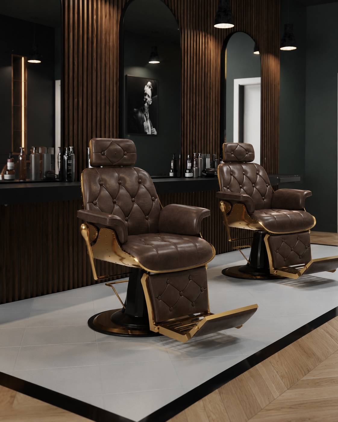 MONFORTE luxury hydraulic barber chair in tufted brown leather with gold detailing