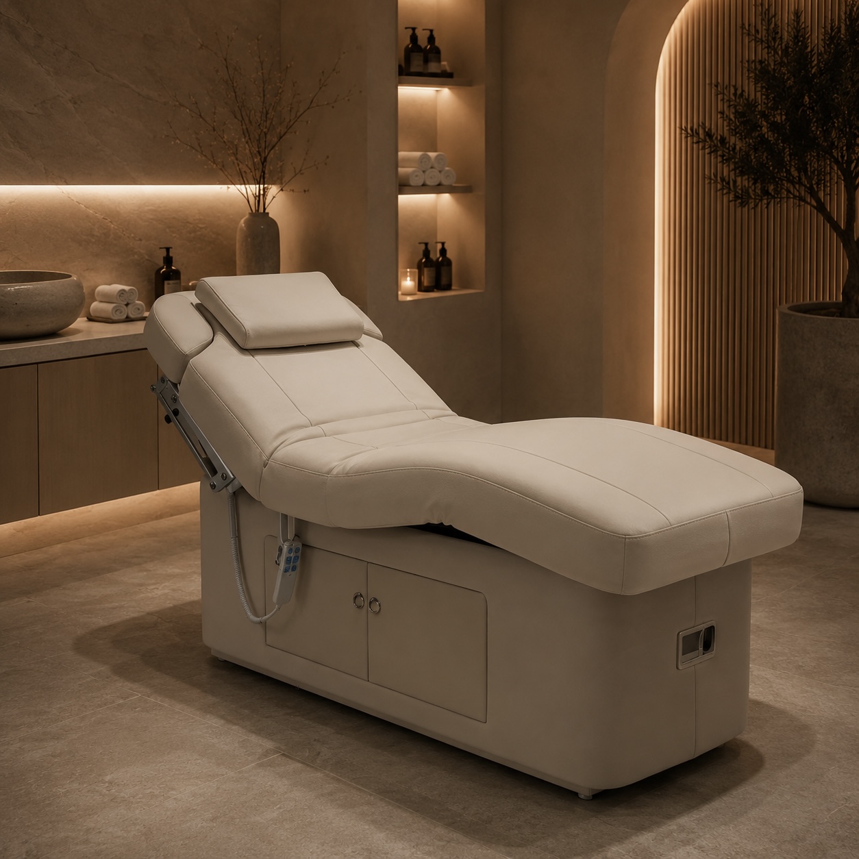BOLZANO electric massage and treatment bed in a warm spa setting