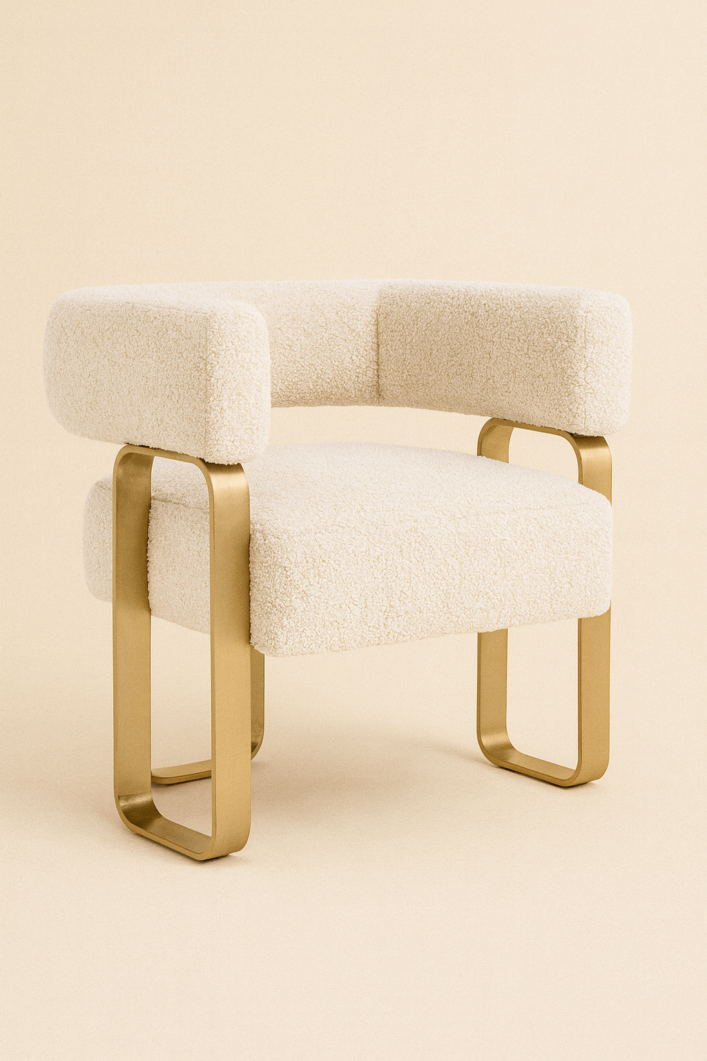 AUREO white bouclé armchair with brushed gold rectangular frame by Nuri's Glam