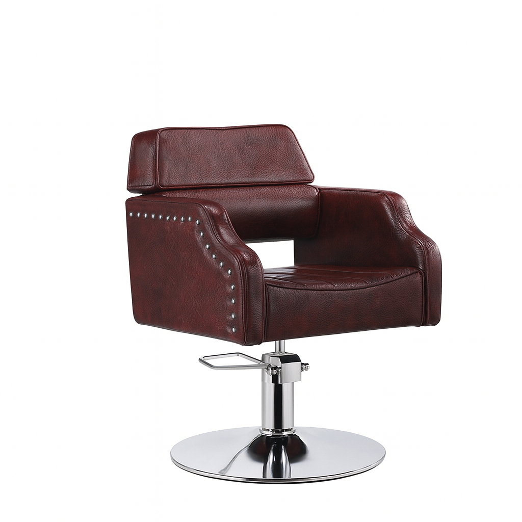 MARLOW styling chair in burgundy leather with stud detailing and chrome base