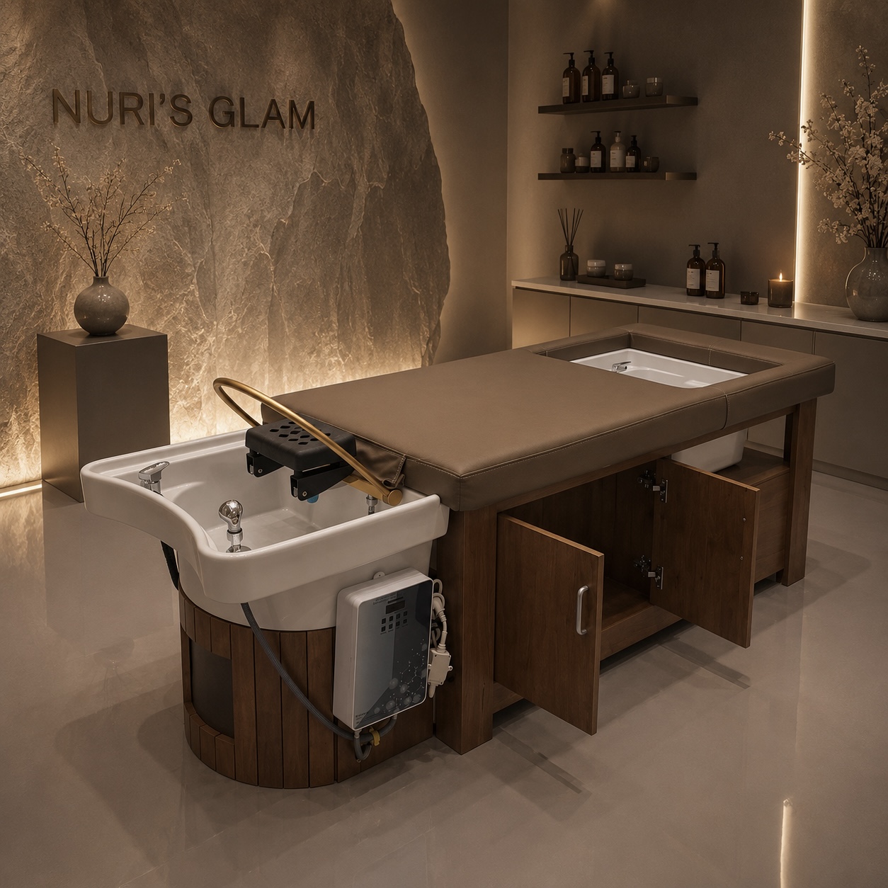 RITUALE Head Spa Bed with integrated ceramic shampoo basin and wooden storage cabinetry