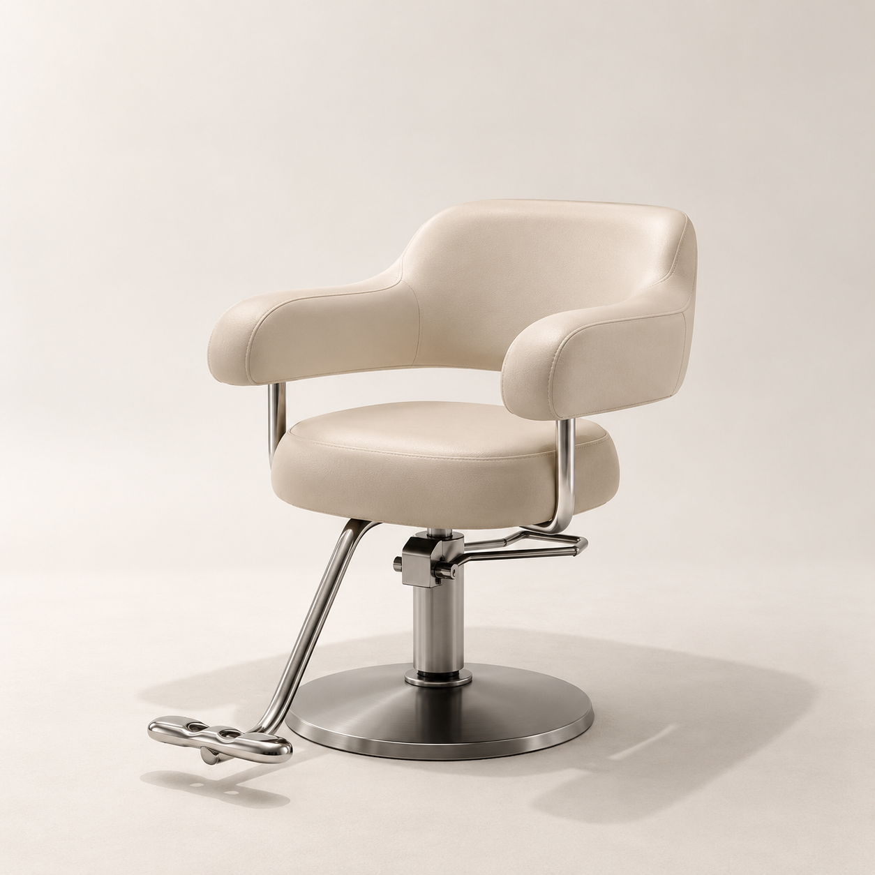 LIVIA Styling Chair in cream textured upholstery with circular brushed silver base