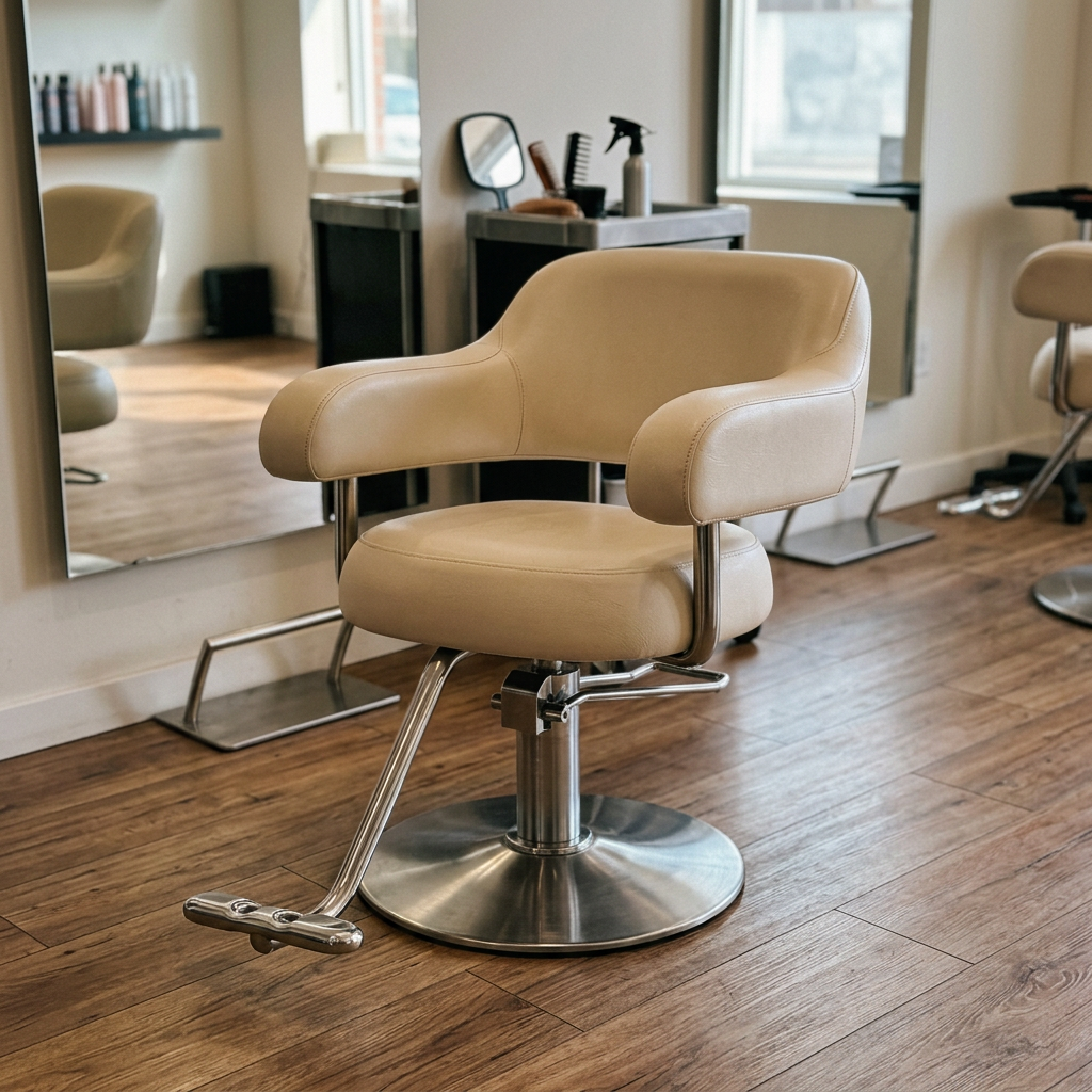Cream styling chair in a customer's hair salon