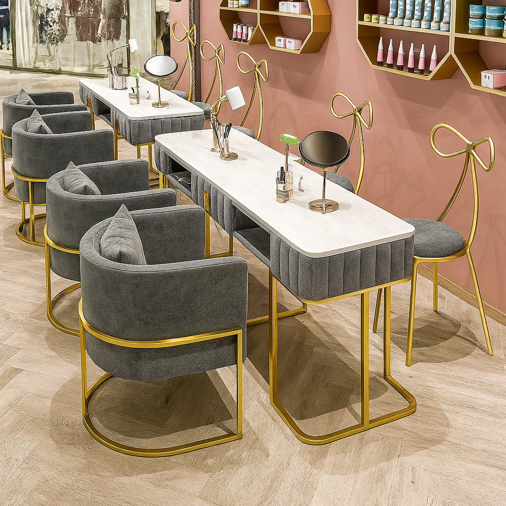 Elegant manicure table set for two clients with velvet seats and gold frame, ideal for beauty salons