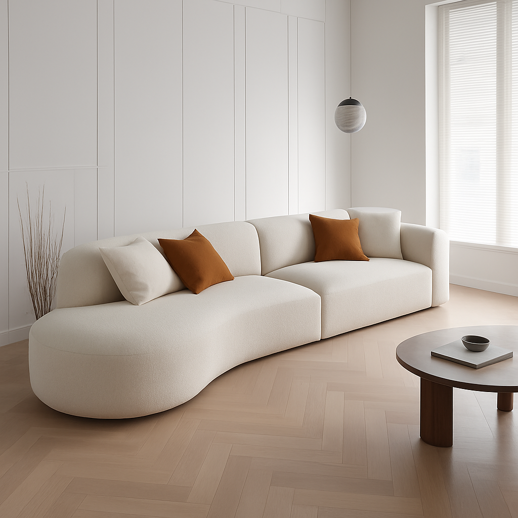 Three-seater curved sofa with custom upholstery for salon reception areas