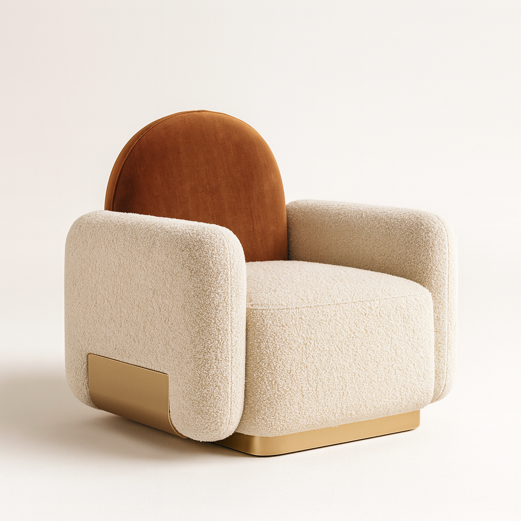 Modern bouclé chair in cream with rounded backrest and gold base – luxury seating for salons, spas, or contemporary spaces.