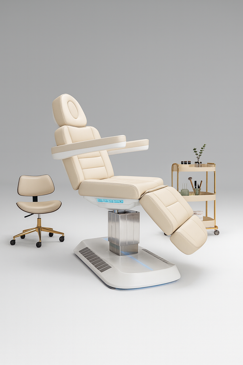 Adjustable electric beauty bed in eco-leather with ergonomic design and stainless steel base for premium salons and spa