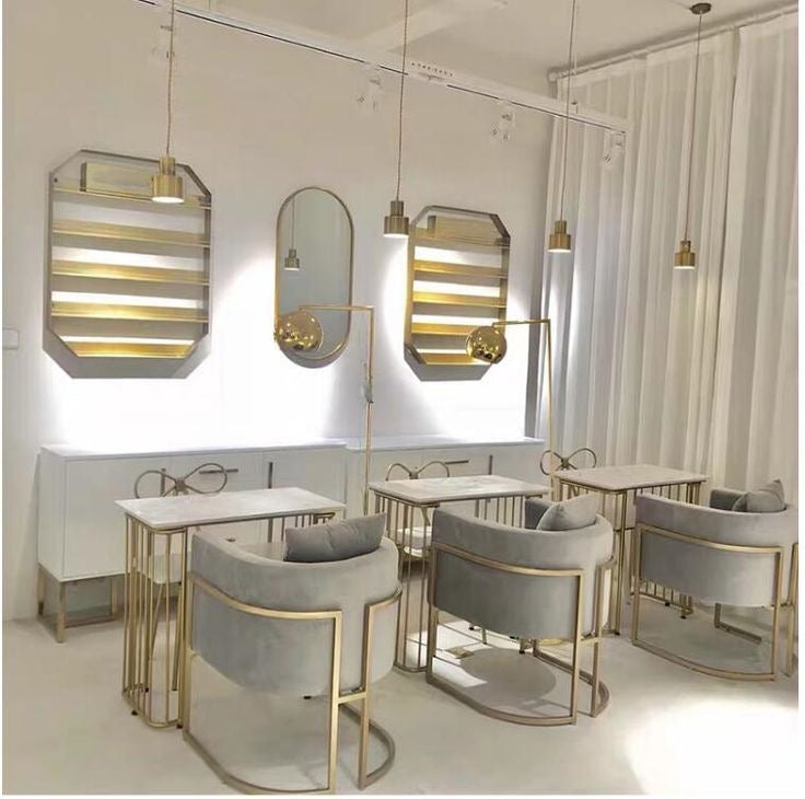 Double Manicure Table and Chair Set with Velvet Seats and Gold Frame