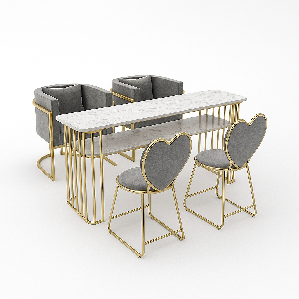 Professional nail salon workstation set featuring marble-top table and plush heart-back chairs