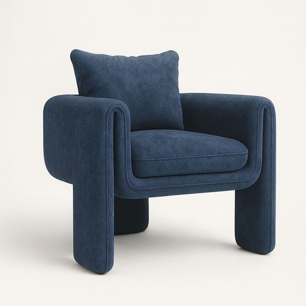 Navy velvet chair with sculptural arms and minimalist design – perfect for salons, lounges, or stylish commercial interiors.