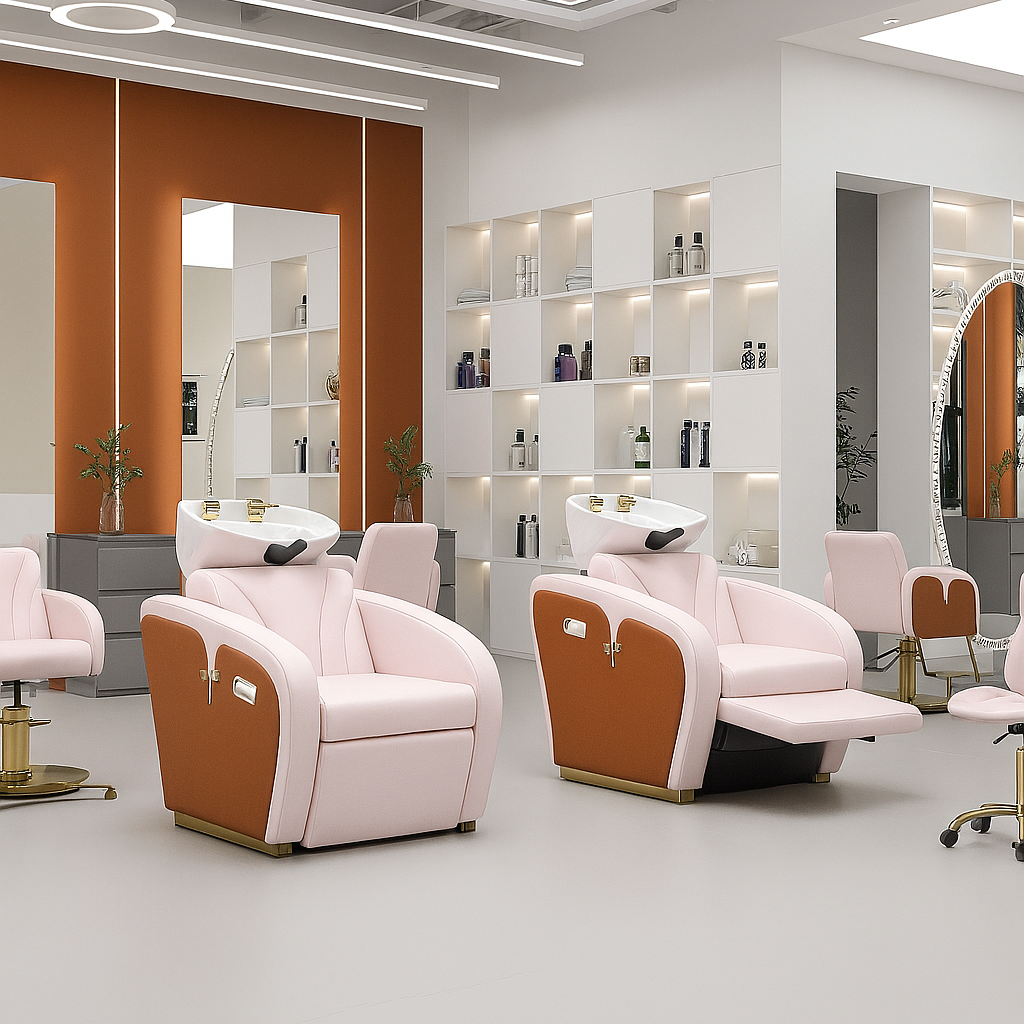 hair wash station with reclining shampoo chair, footrest lift, and ceramic basin.