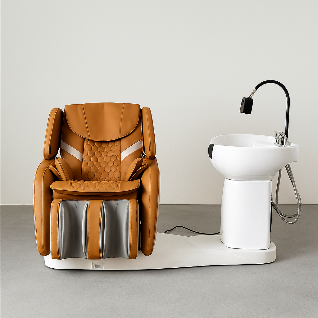 Luxury shampoo chair with full-body massage, adjustable recline, and swivel ceramic bowl for high-end salons