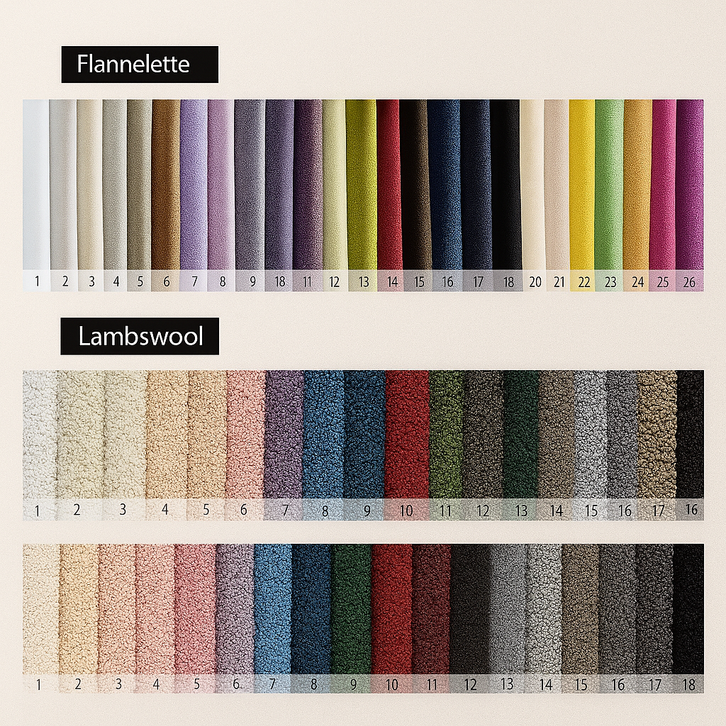 Upholstery options for custom curved salon sofas, including textures and colors