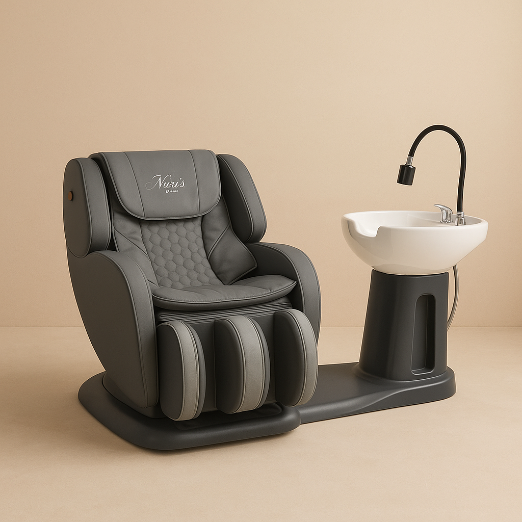Customizable luxury shampoo unit with rotating bowl, reclining massage chair, and personalized color options for upscale salons

