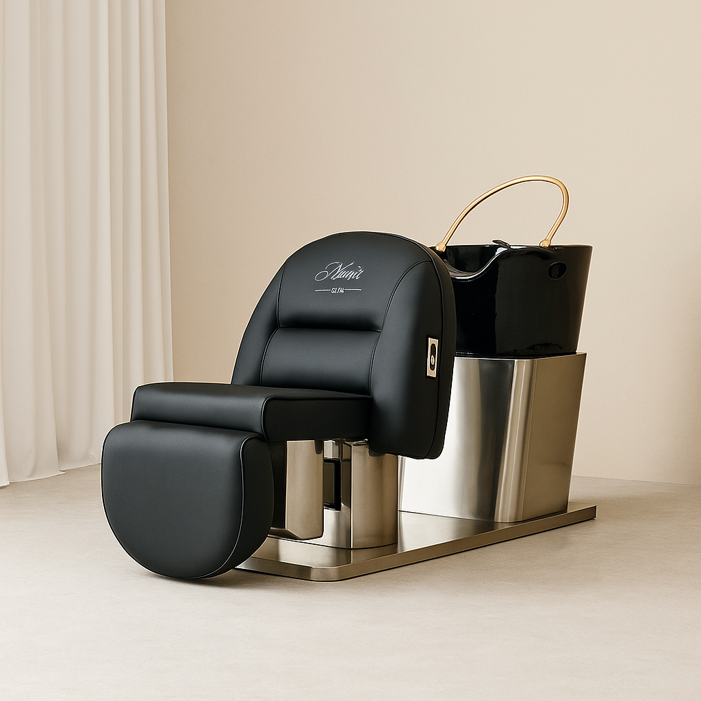 Modern electric shampoo chair with ceramic sink, PU leather upholstery, and adjustable footrest