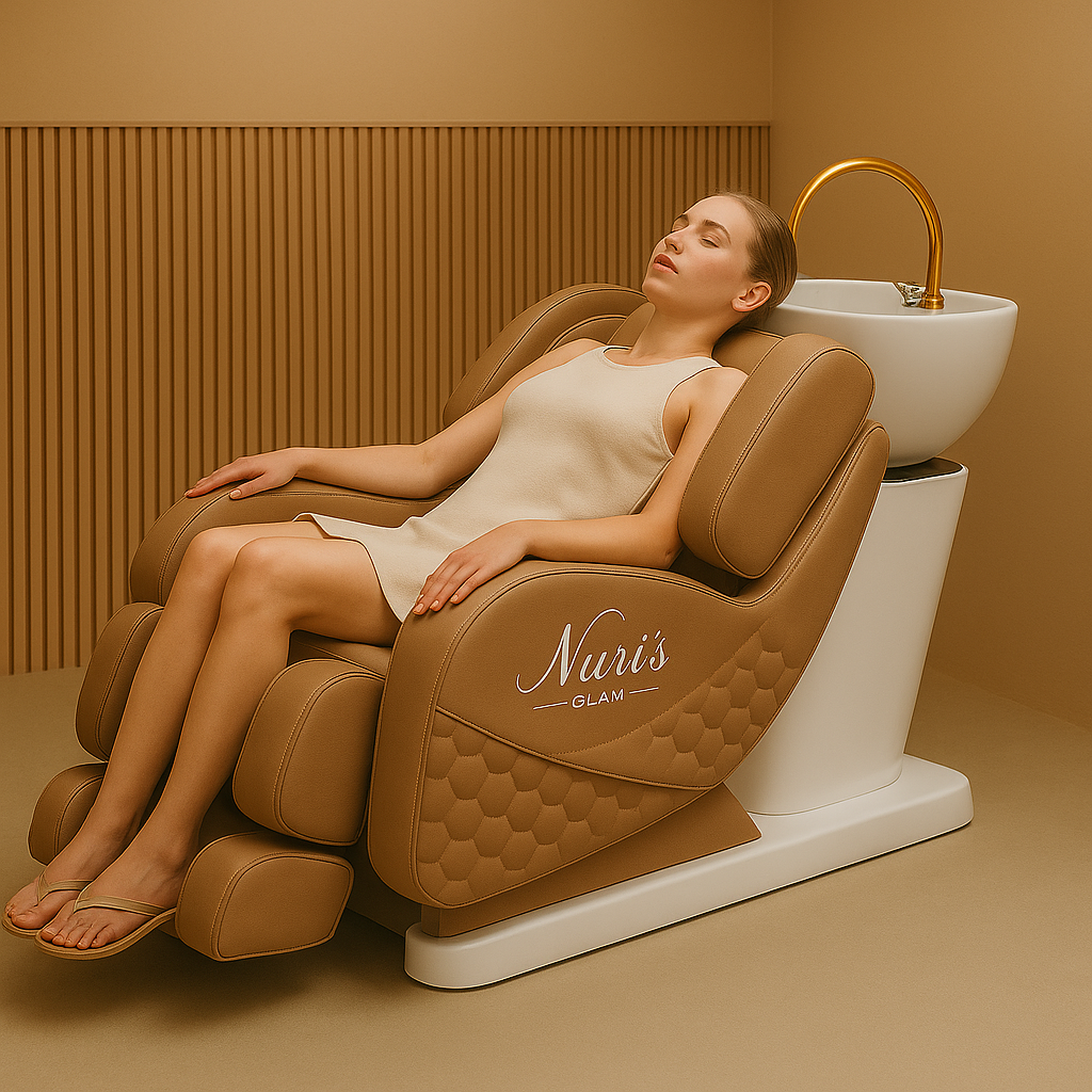Fully reclining salon chair with full-body massage and lift-down function for client relaxation