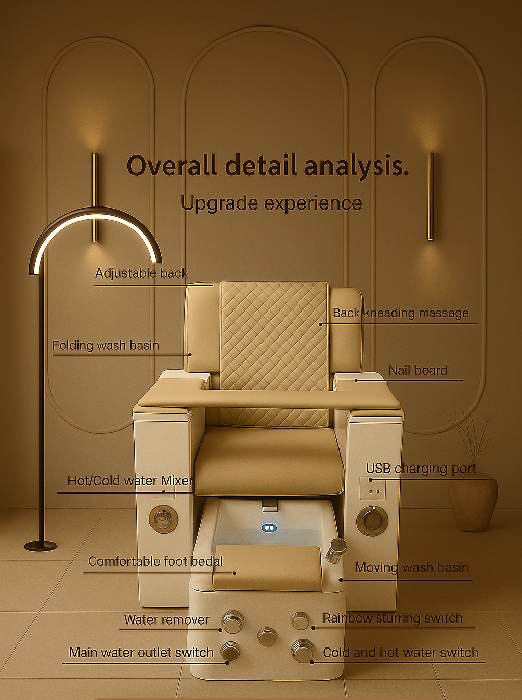 Close-up of ergonomic backrest with built-in massage on luxury pedicure chair