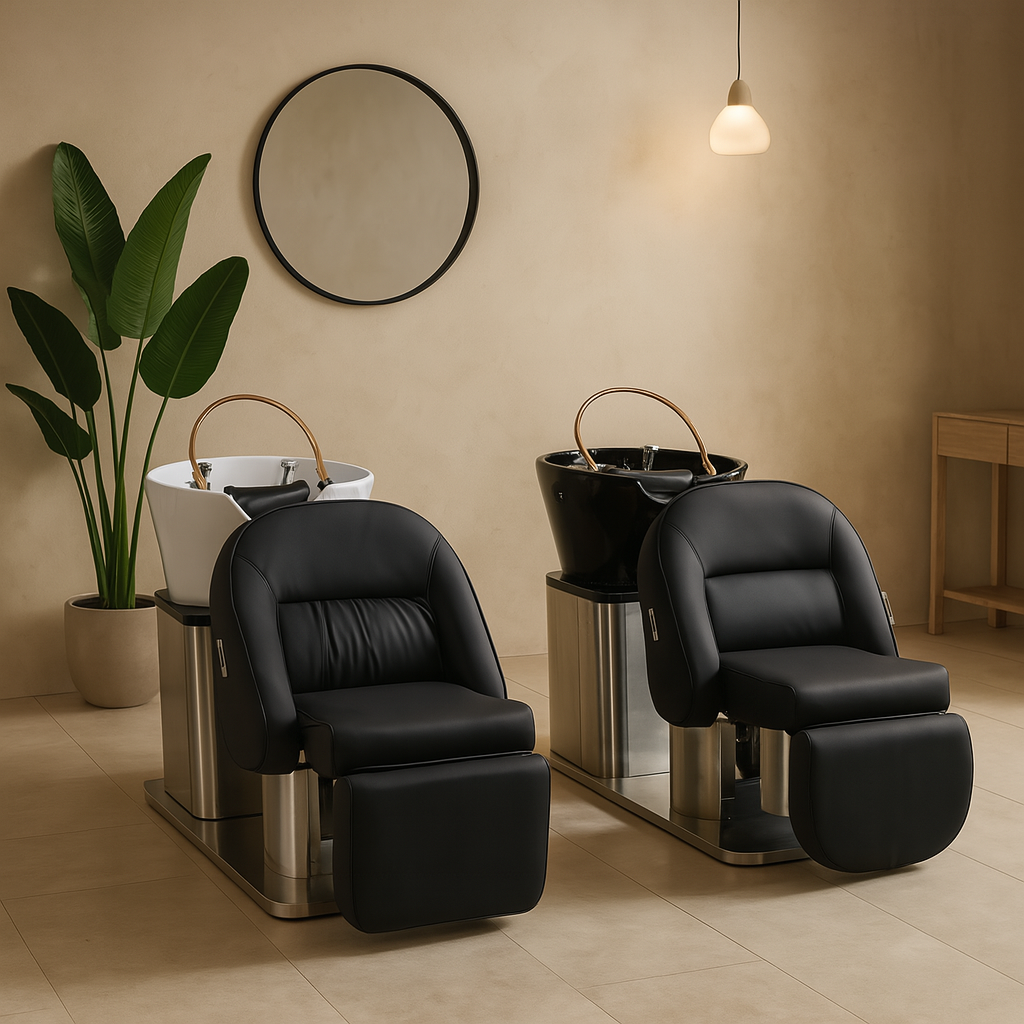 Durable stainless steel base and padded seat on luxury electric shampoo chair for grooming studios