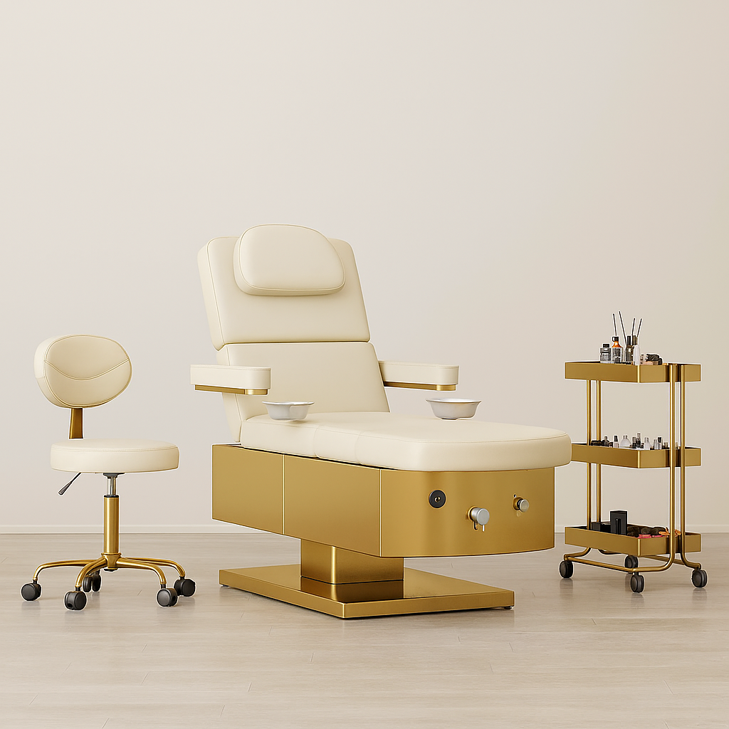 Modena 3-in-1 spa chair with electric reclining and stainless steel frame for facials, pedicures, and hair washing
