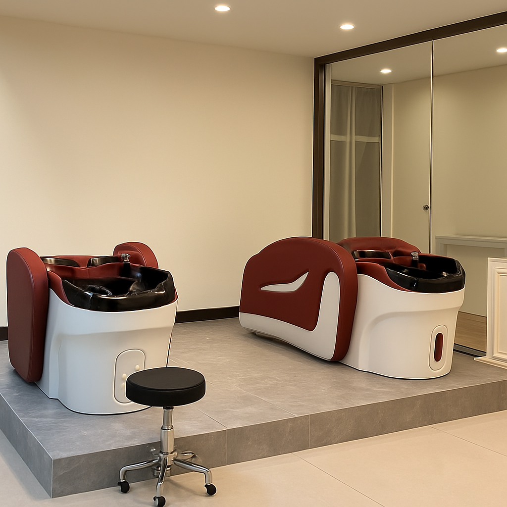 Exclusive head spa chair with custom upholstery and integrated massage system for high-end beauty studios