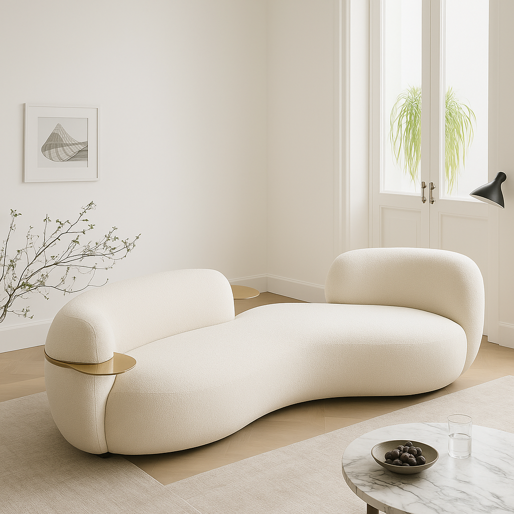 Curved minimalist single-seat sofa for beauty salons and aesthetic studios