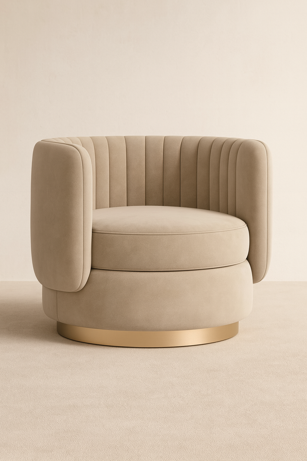 Swivel velvet lounge chair in beige with gold round base – designer accent chair for salons, offices, or modern homes.