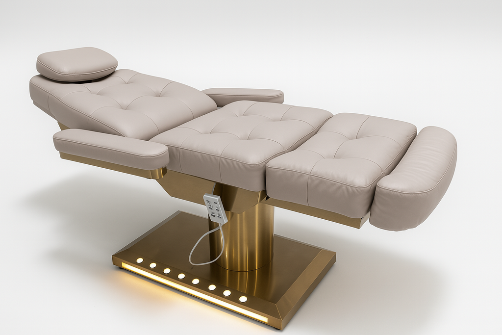 Lash artist adjusting client position with TORINO electric treatment bed