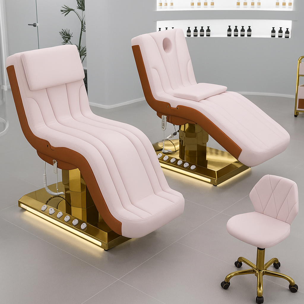Motorized facial and lash bed in blush pink with adjustable height and flat recline, designed for estheticians and lash artists.