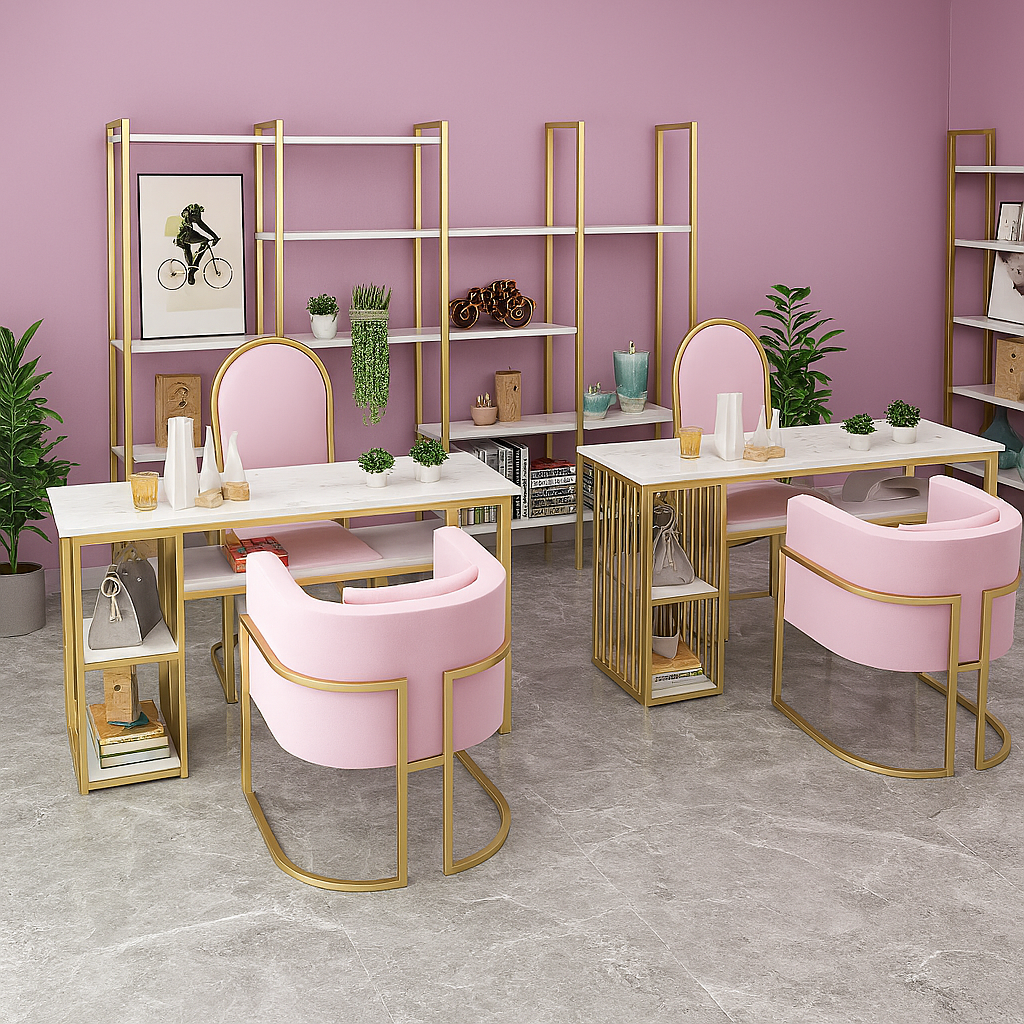 Luxury double nail table with built-in dust collector and four gray velvet chairs with gold accents