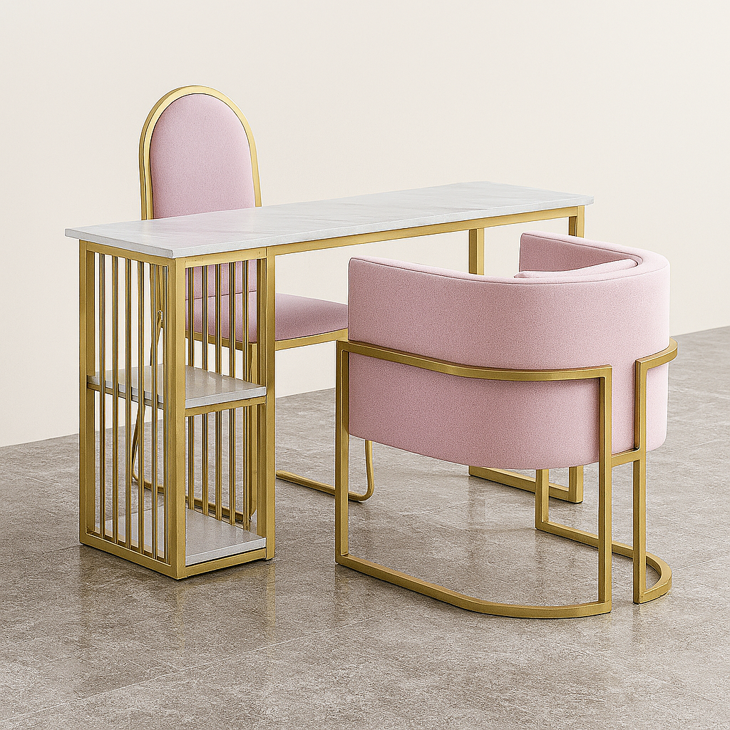 High-end  nail desk with dust extraction system and custom color velvet chair options